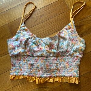 Morgan Lane Yellow Lia Silk blend Cropped Tank Bra Tropical Print Ruffle Hem M